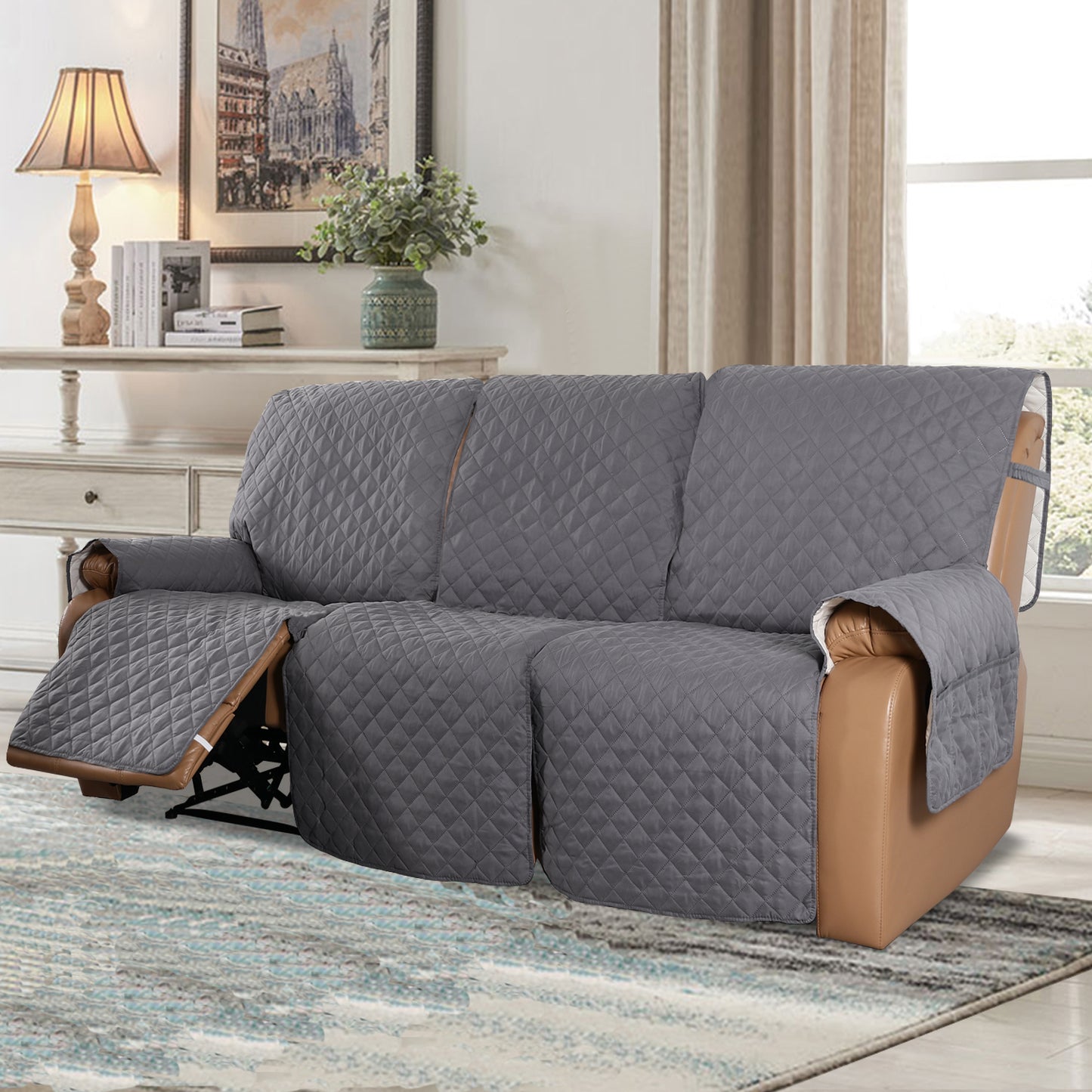 Recliner Sofa Cover for 1/2/3 Seater with Pocket, Slipcovers Reversible Washable Elastic Adjustable Strap for home,Grey