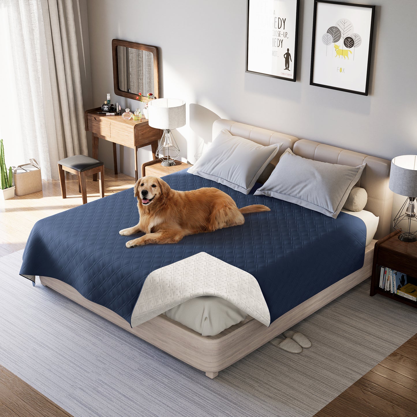 Waterproof Dog Bed Cover Pet Blanket with Anti-Slip Back for Furniture Bed Couch Sofa-Blue