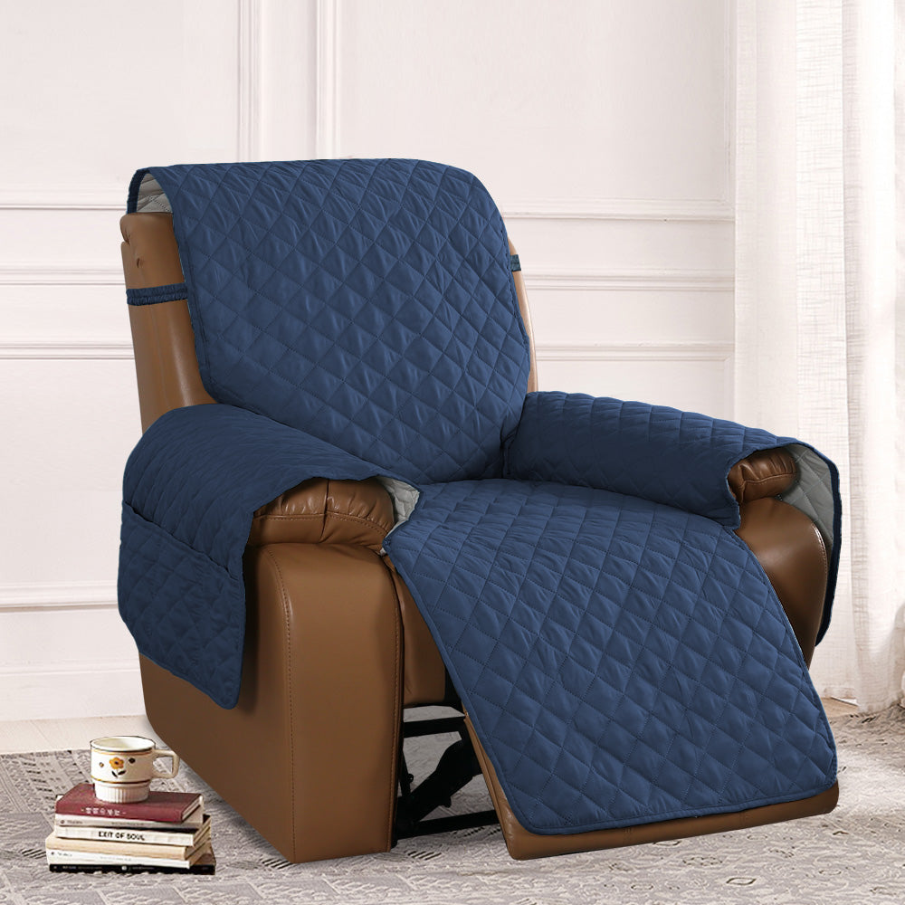 Recliner Sofa Cover with Pocket, Slipcovers Reversible Washable Elastic Adjustable Strap for home(1 Seater,Navy)
