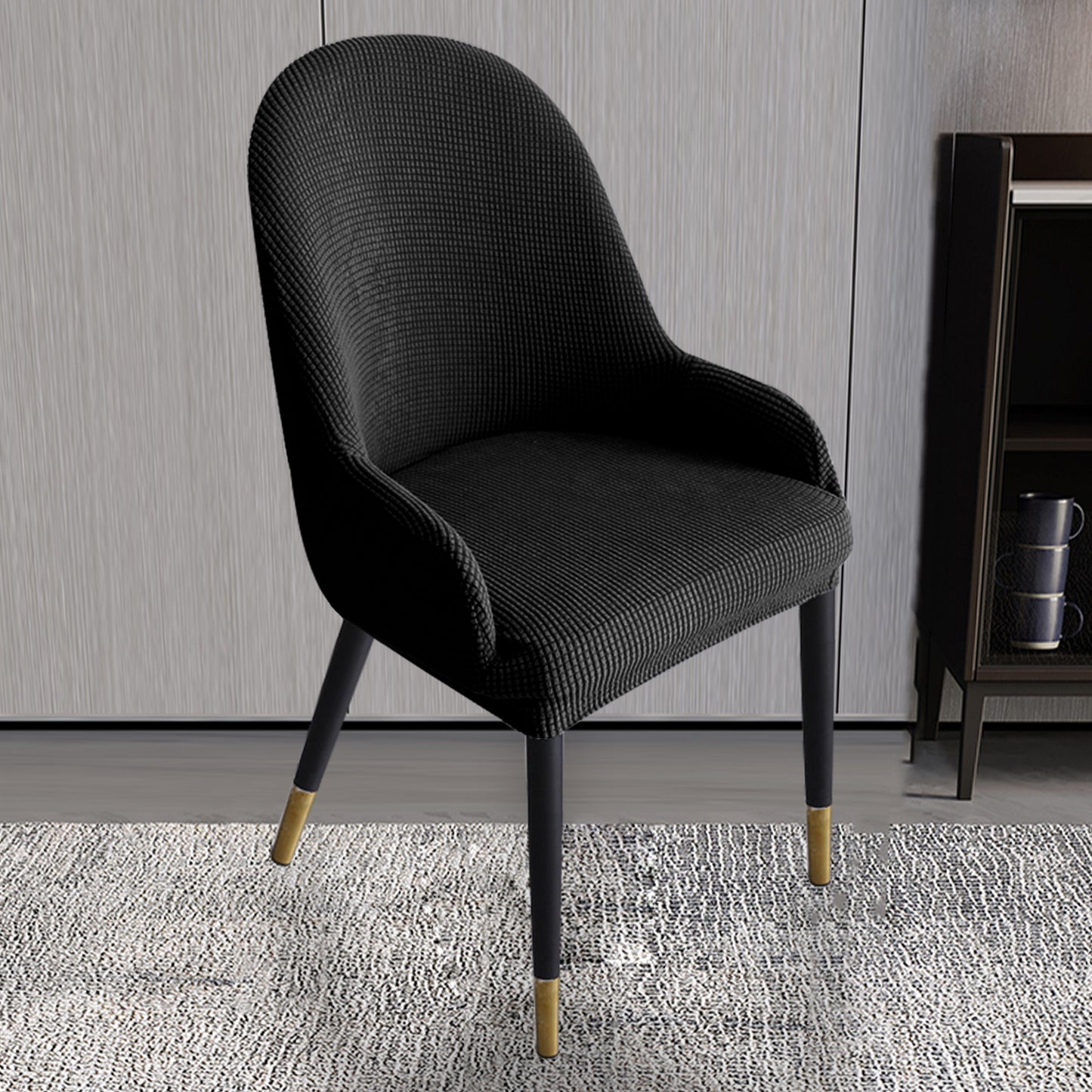 Dining Room Chair Pineapple Elastic Simple Semicircular Handrail Kitchen Chair Covers Protectors,Set of 2/4/6/8 (Black)