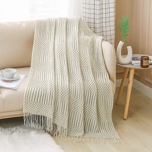 Textured throw blanket solid soft for sofa couch decorative knitted blanket, beige