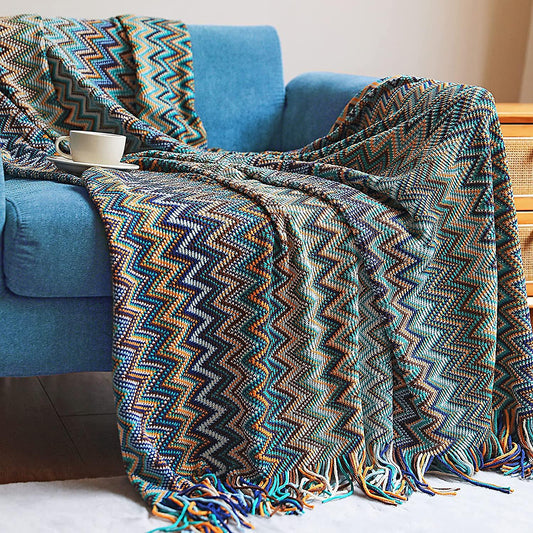 Bohemian throw blanket for sofa couch chair bed home decorate, blue