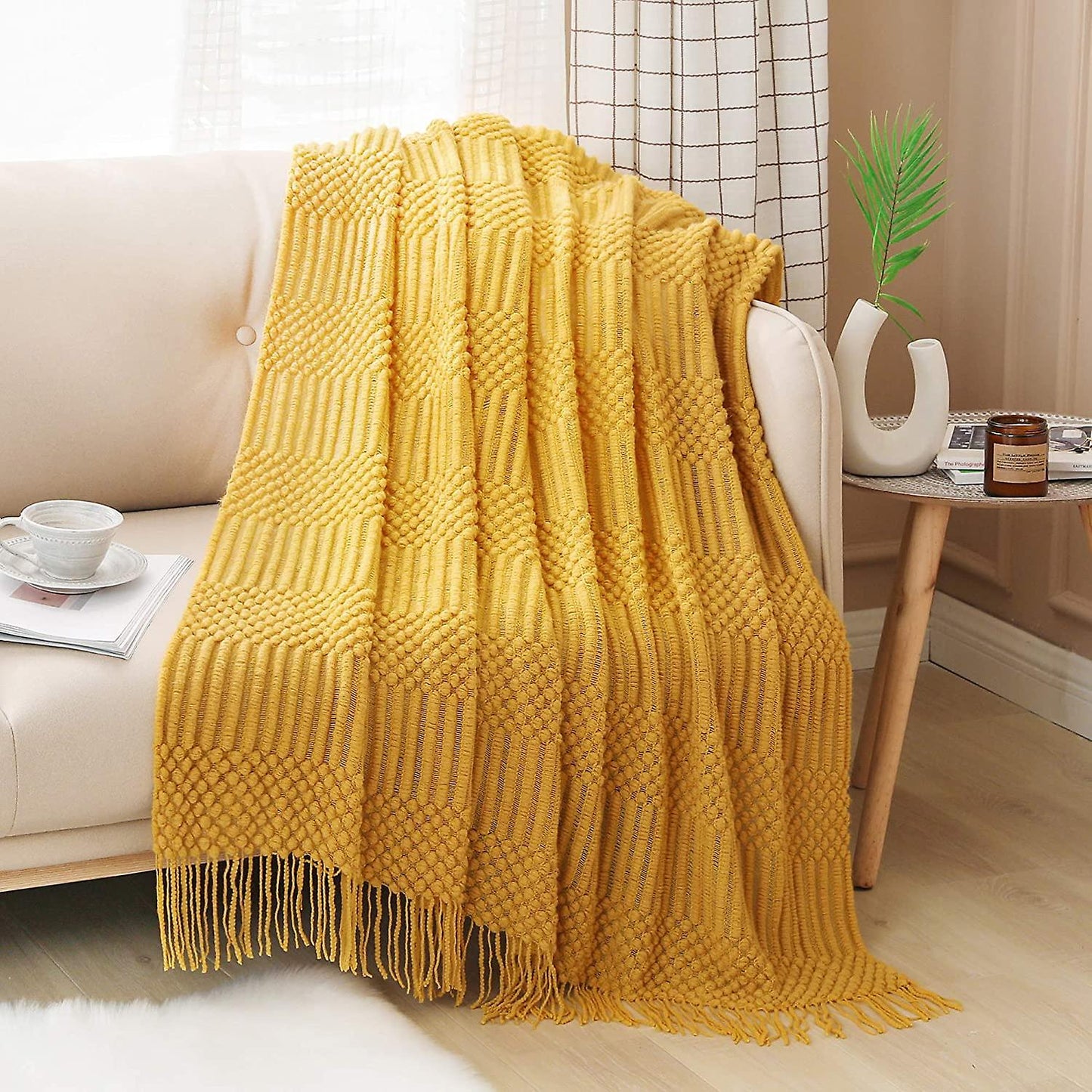 Textured throw blanket solid soft for sofa couch decorative knitted blanket, yellow