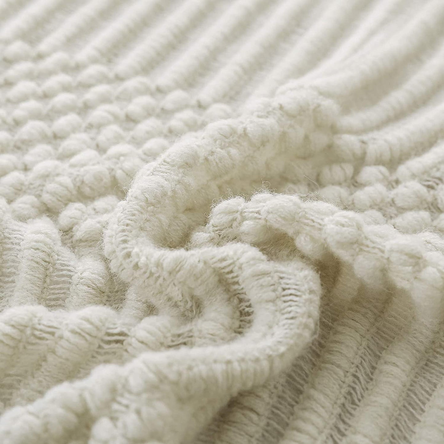 Textured throw blanket solid soft for sofa couch decorative knitted blanket, beige