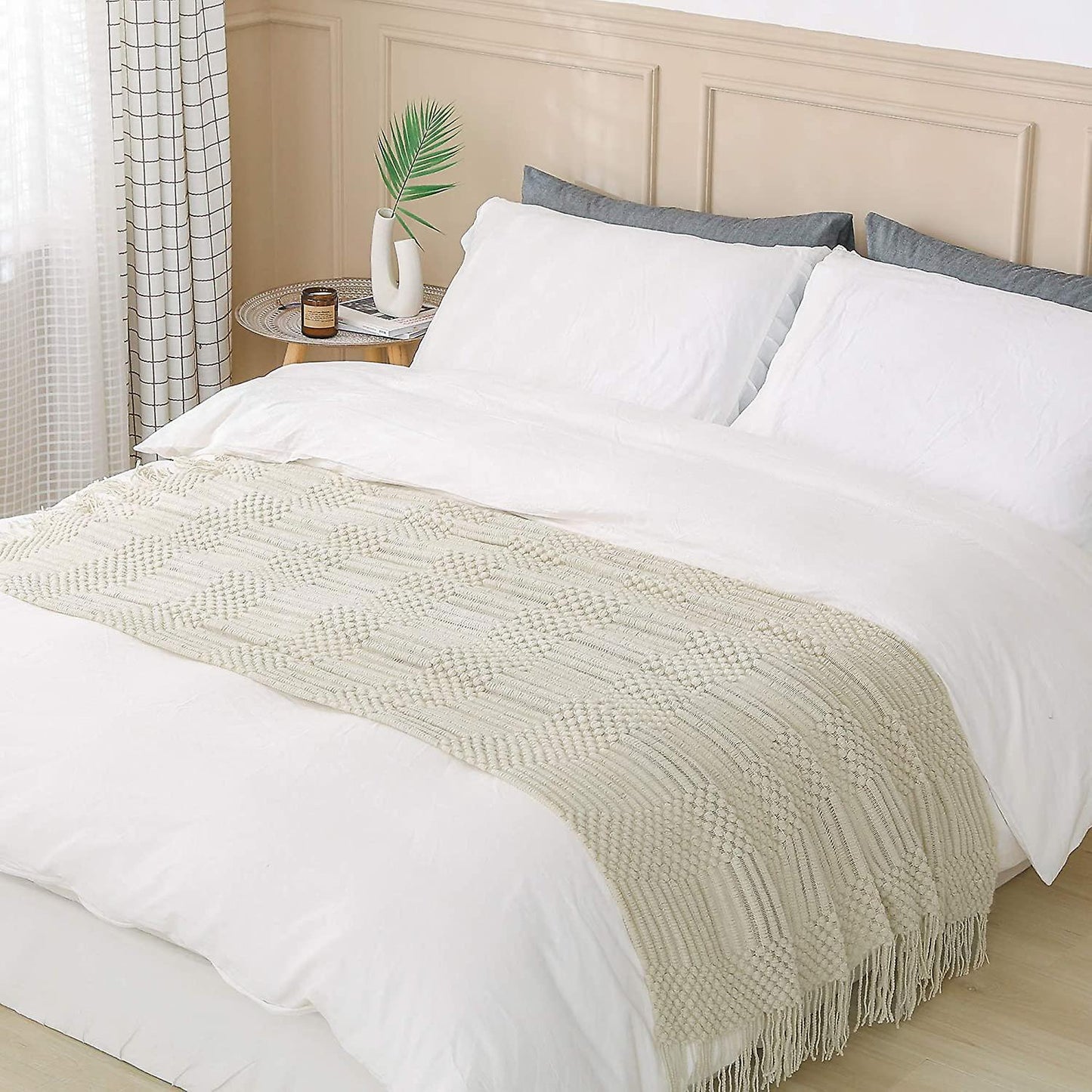 Textured throw blanket solid soft for sofa couch decorative knitted blanket, beige