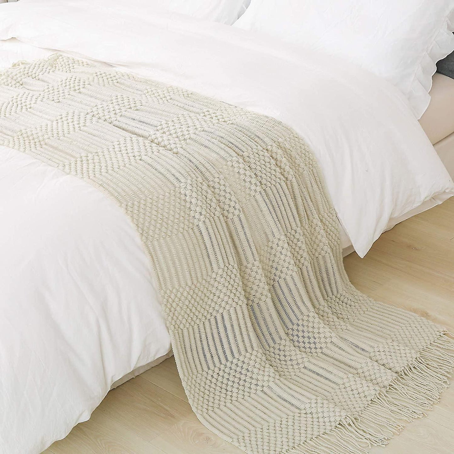Textured throw blanket solid soft for sofa couch decorative knitted blanket, beige