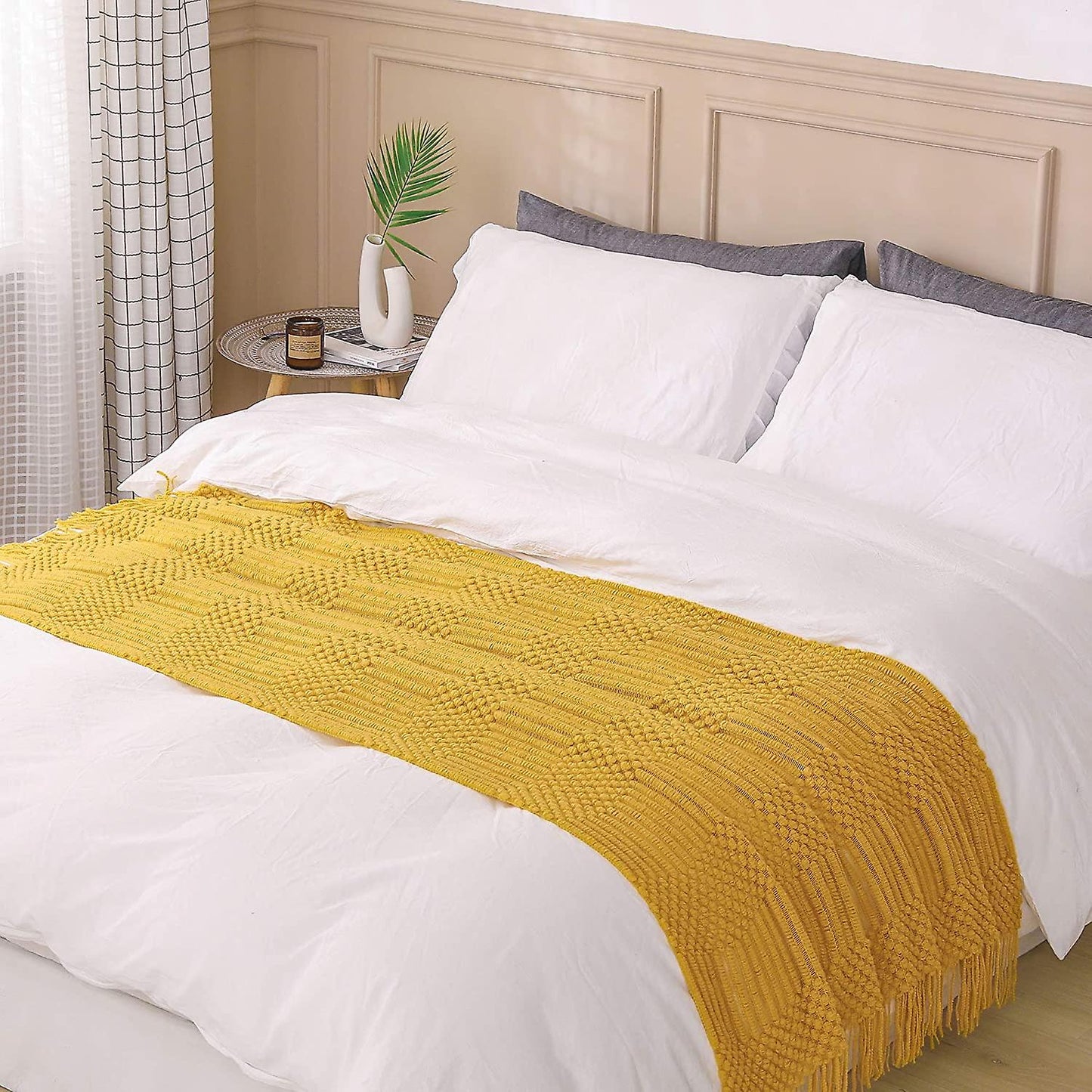 Textured throw blanket solid soft for sofa couch decorative knitted blanket, yellow