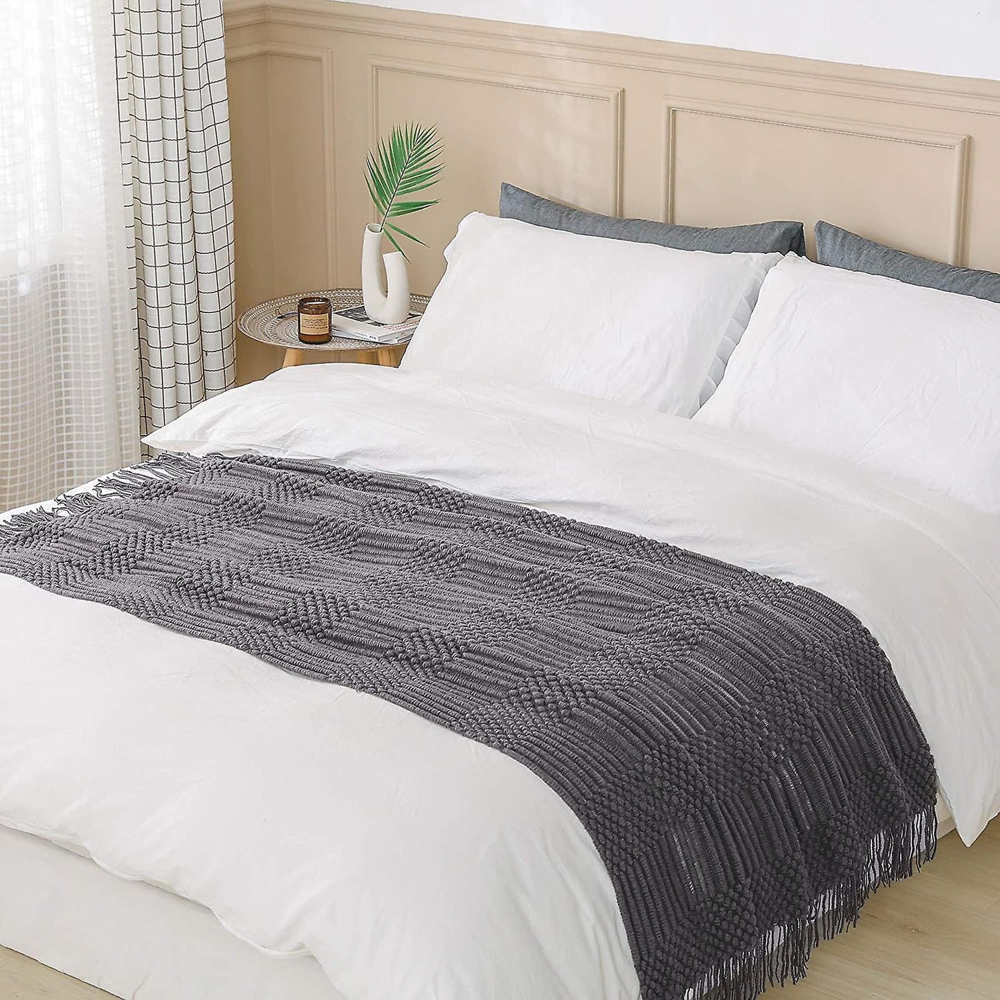 Textured throw blanket solid soft for sofa couch decorative knitted blanket, grey