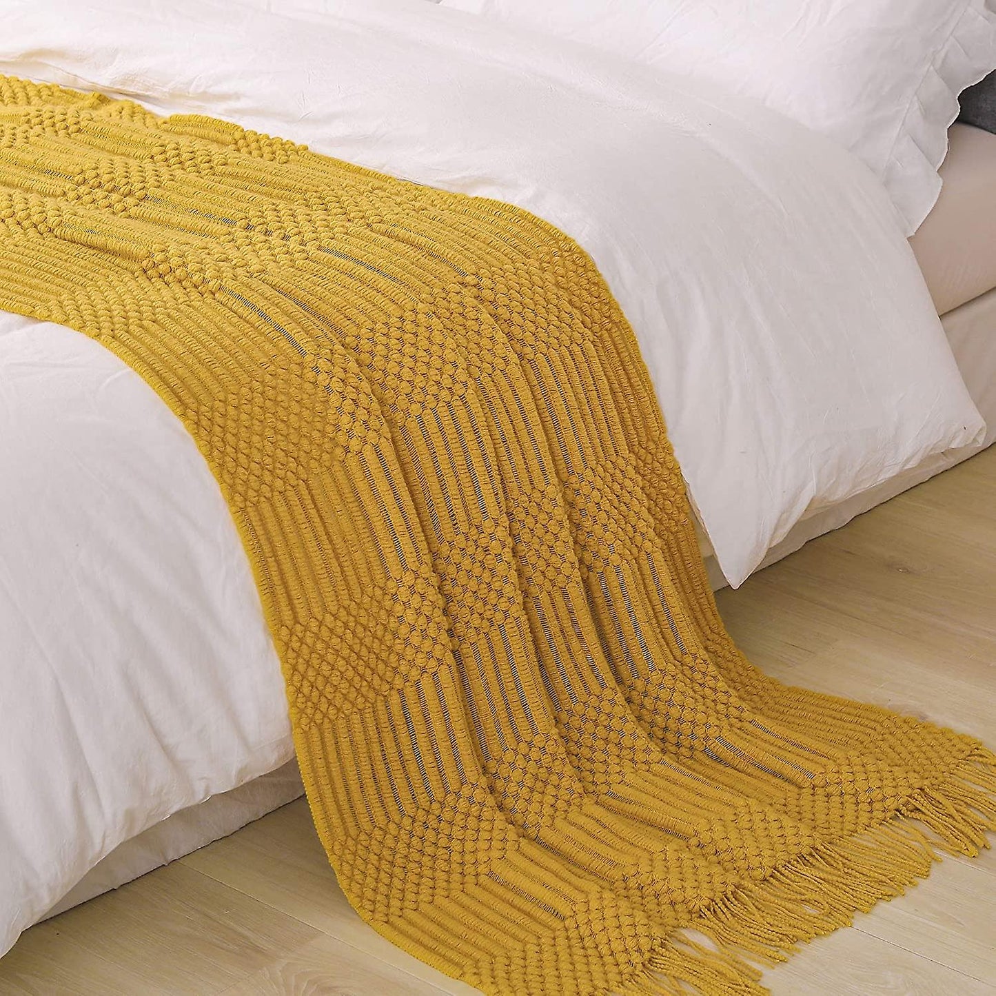 Textured throw blanket solid soft for sofa couch decorative knitted blanket, yellow
