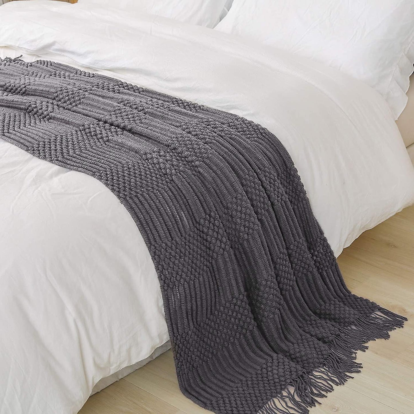 Textured throw blanket solid soft for sofa couch decorative knitted blanket, grey