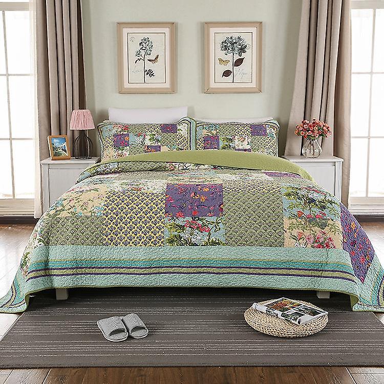 Cotton patchwork bedspreads sets with real stitched embroidery floral pattern （1 quilt plus 2 pillowcase）
