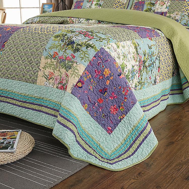 Cotton patchwork bedspreads sets with real stitched embroidery floral pattern （1 quilt plus 2 pillowcase）