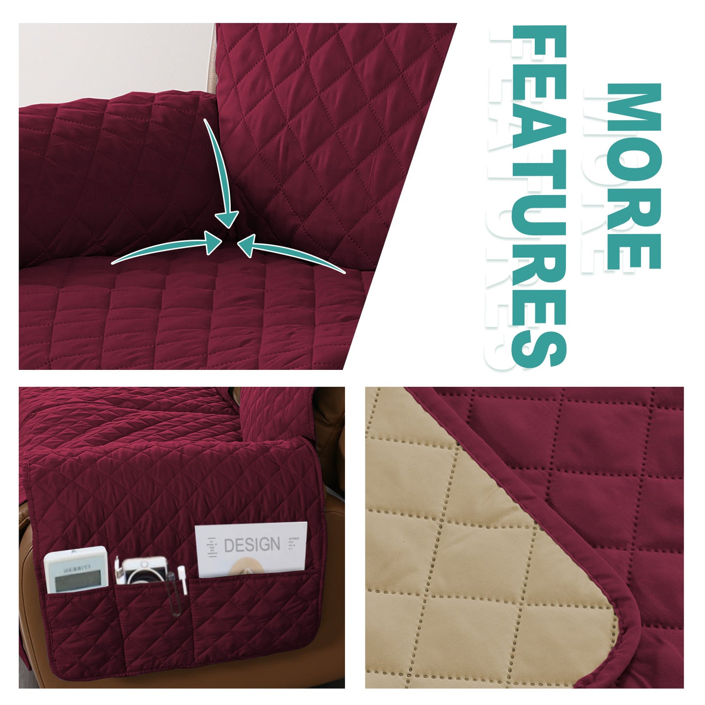 Recliner Sofa Cover with Pocket, Slipcovers Reversible Washable Elastic Adjustable Strap for home(1 Seater,Red)
