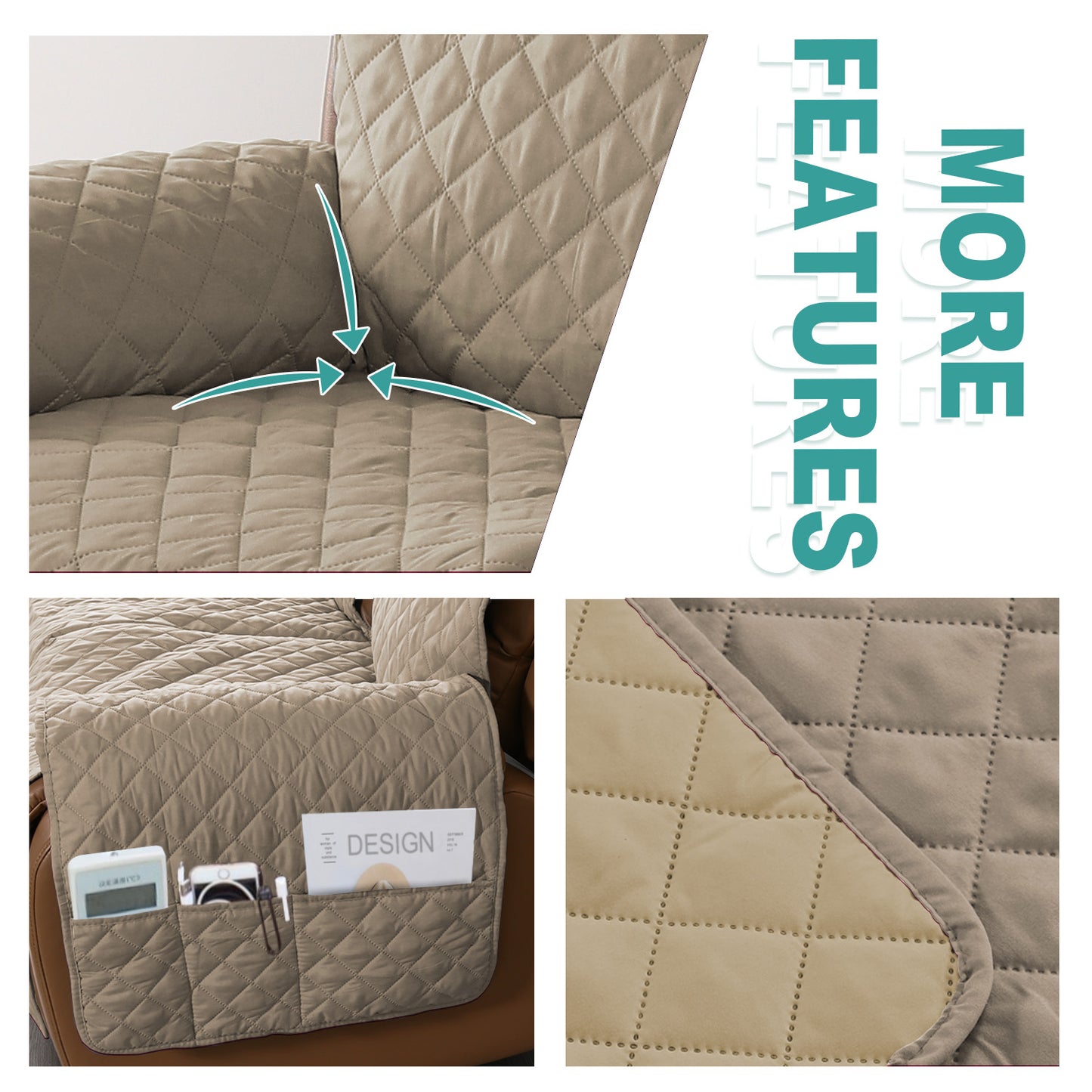 Recliner Sofa Cover with Pocket, Slipcovers Reversible Washable Elastic Adjustable Strap for home(3 Seater,Sand）