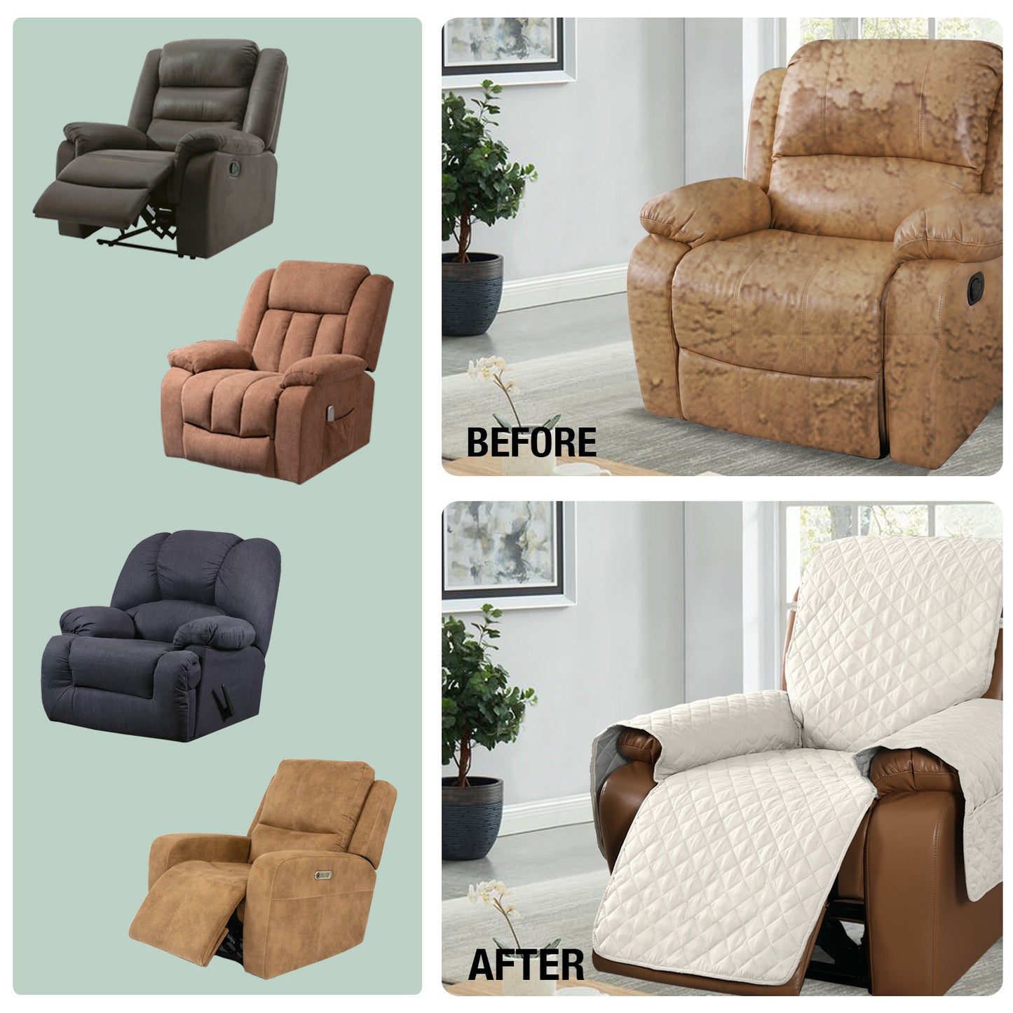 Recliner Sofa Cover with Pocket, Slipcovers Reversible Washable Elastic Adjustable Strap for home(1 Seater,White)