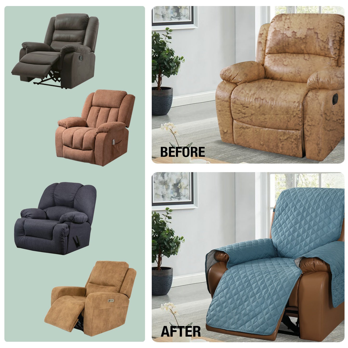 Recliner Sofa Cover with Pocket, Slipcovers Reversible Washable Elastic Adjustable Strap for home(1 Seater,Gray Blue)