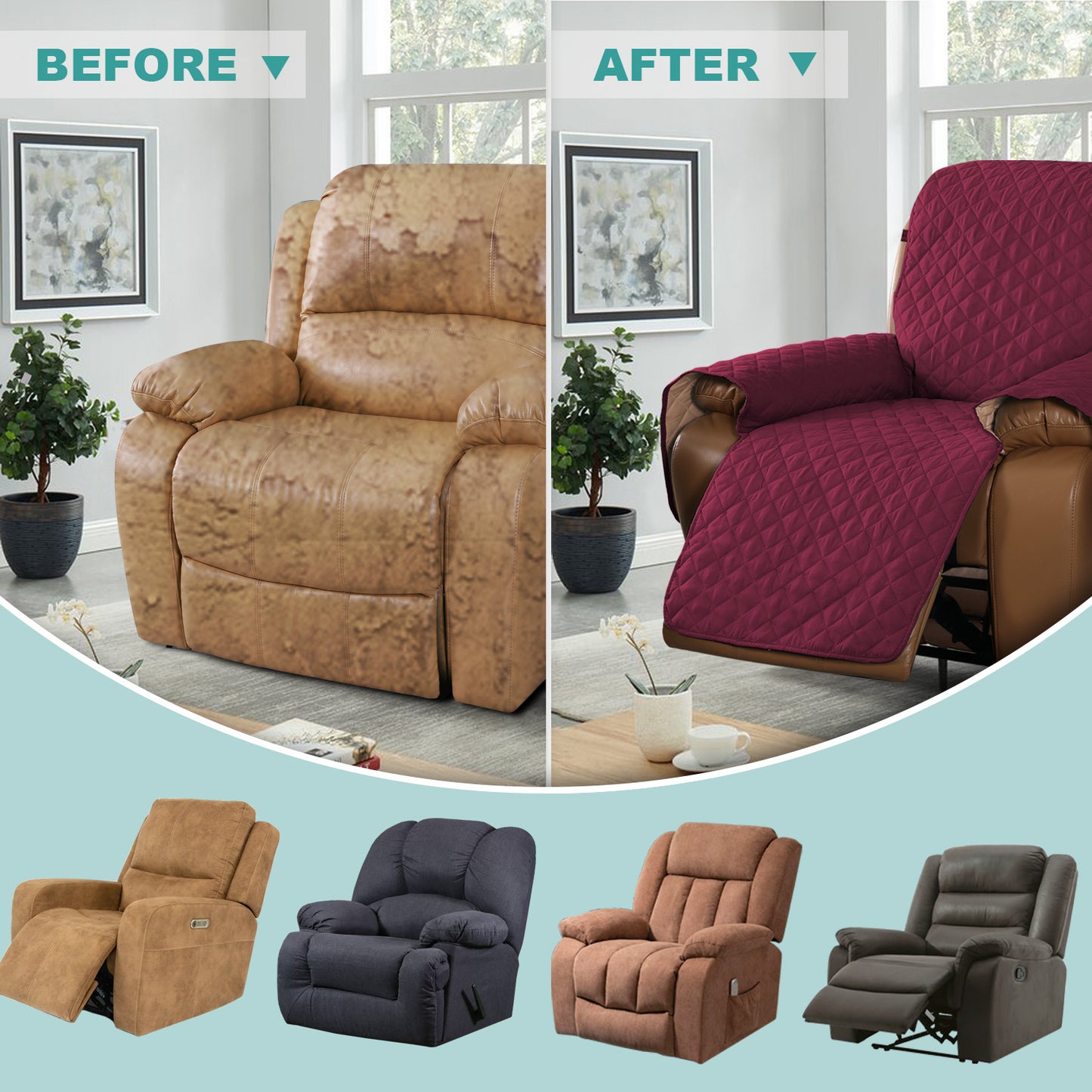 Recliner Sofa Cover with Pocket, Slipcovers Reversible Washable Elastic Adjustable Strap for home(1 Seater,Red)
