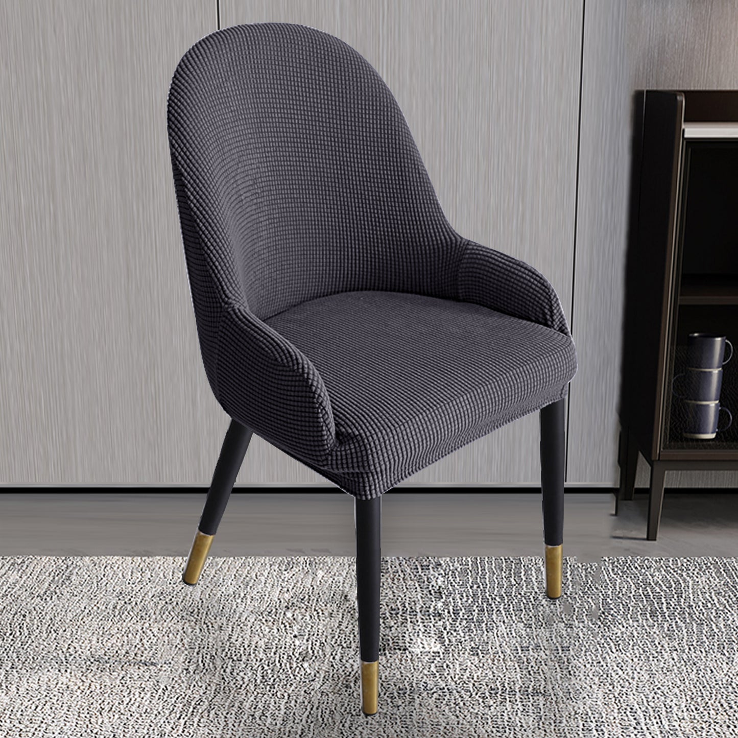 Dining Room Chair Pineapple Elastic Simple Semicircular Handrail Kitchen Chair Covers Protectors,Set of 2/4/6/8 (Dark Grey)