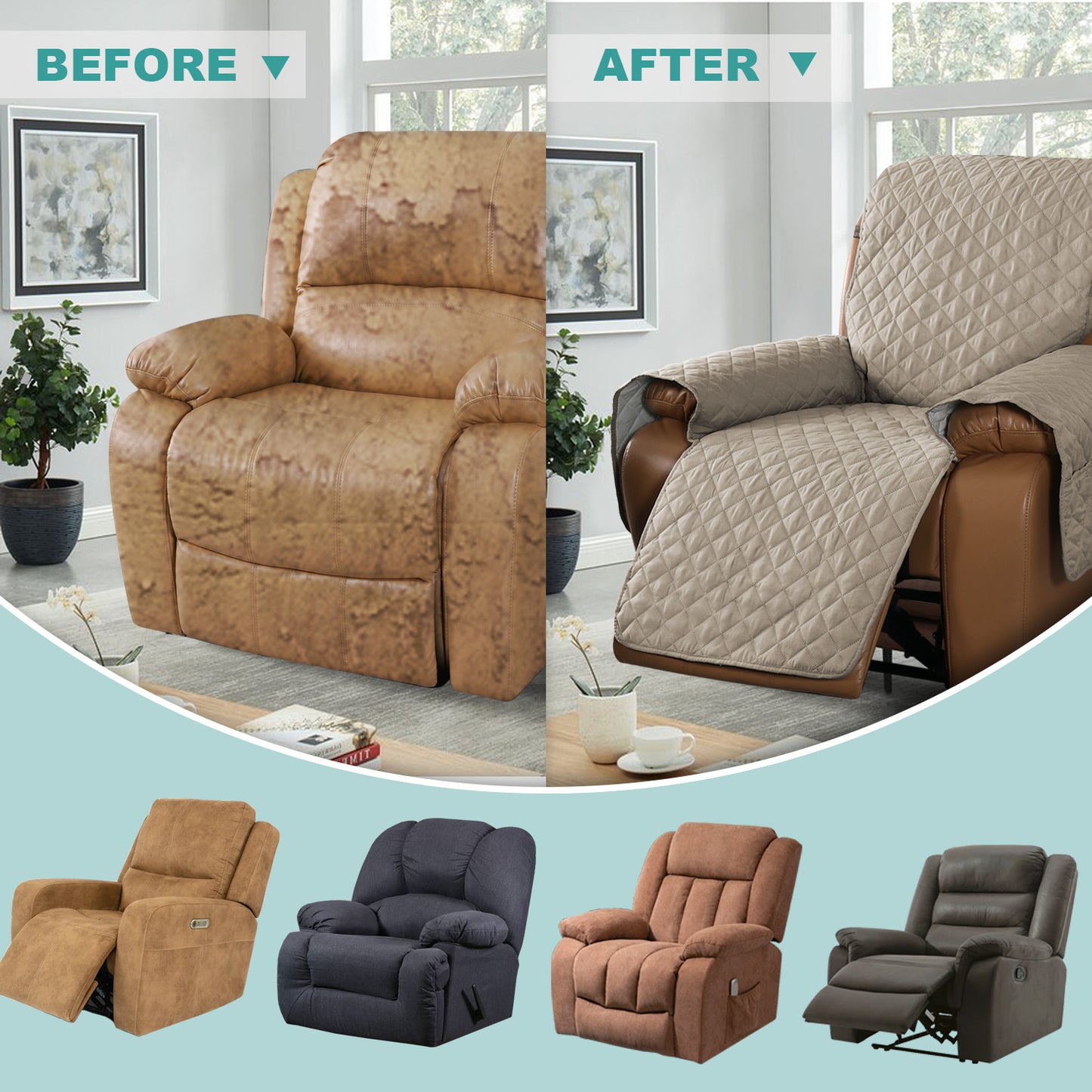 Recliner Sofa Cover with Pocket, Slipcovers Reversible Washable Elastic Adjustable Strap for home(1 Seater,Sand)