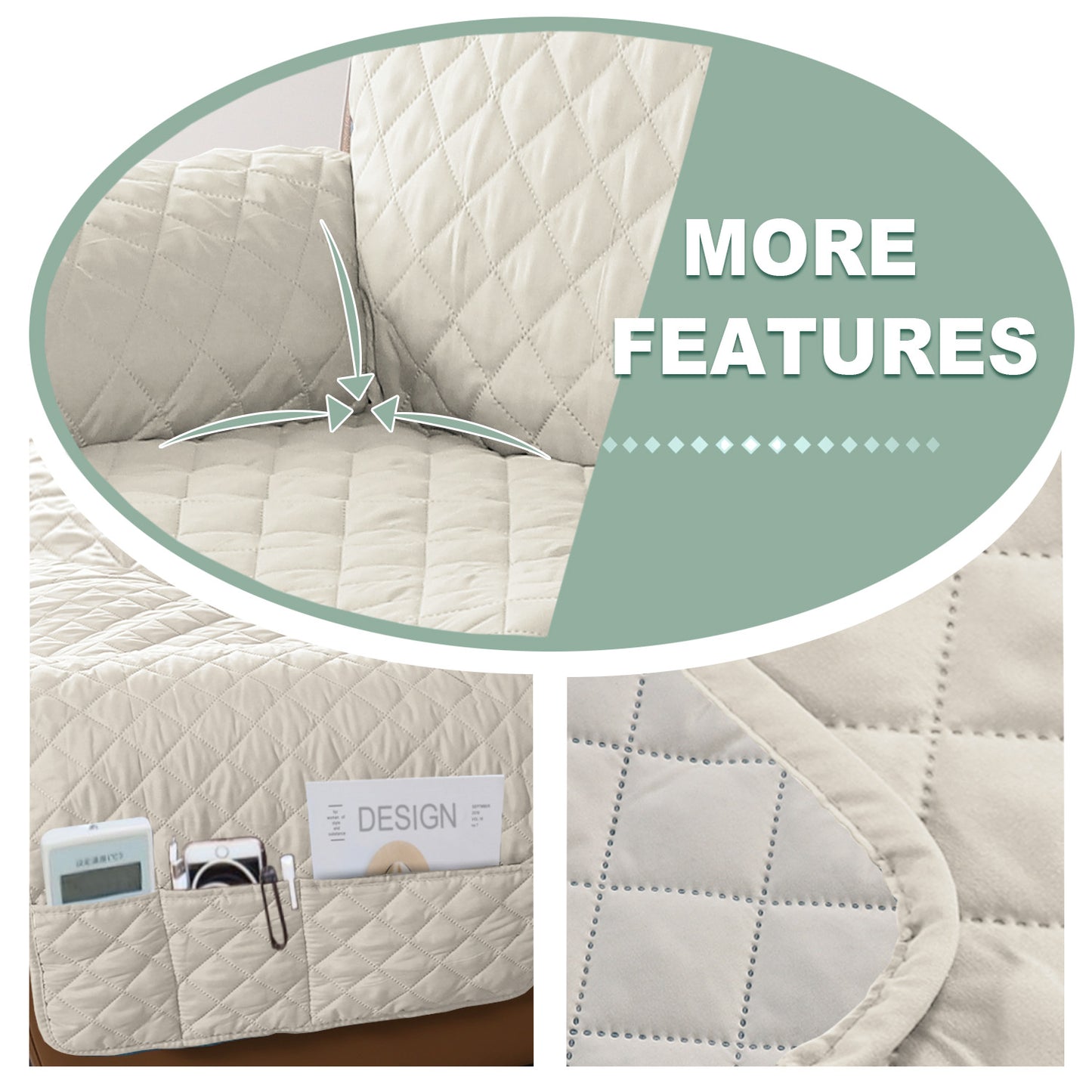 Recliner Sofa Cover for 1/2/3 Seater with Pocket, Slipcovers Reversible Washable Elastic Adjustable Strap for home,Ivory White