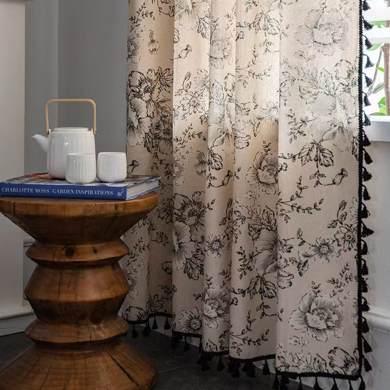 Panels Boho Windows Sheer Curtains Crochet Vintage Cotton Tassel Window Curtains Panels for Bedroom Living Room (Printing)