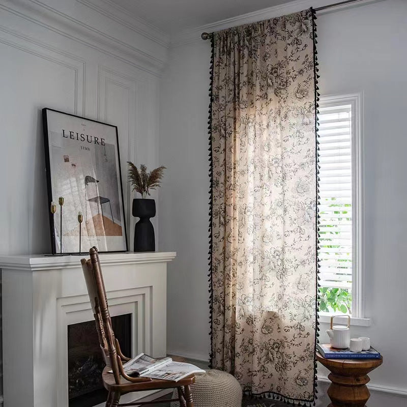 Panels Boho Windows Sheer Curtains Crochet Vintage Cotton Tassel Window Curtains Panels for Bedroom Living Room (Printing)