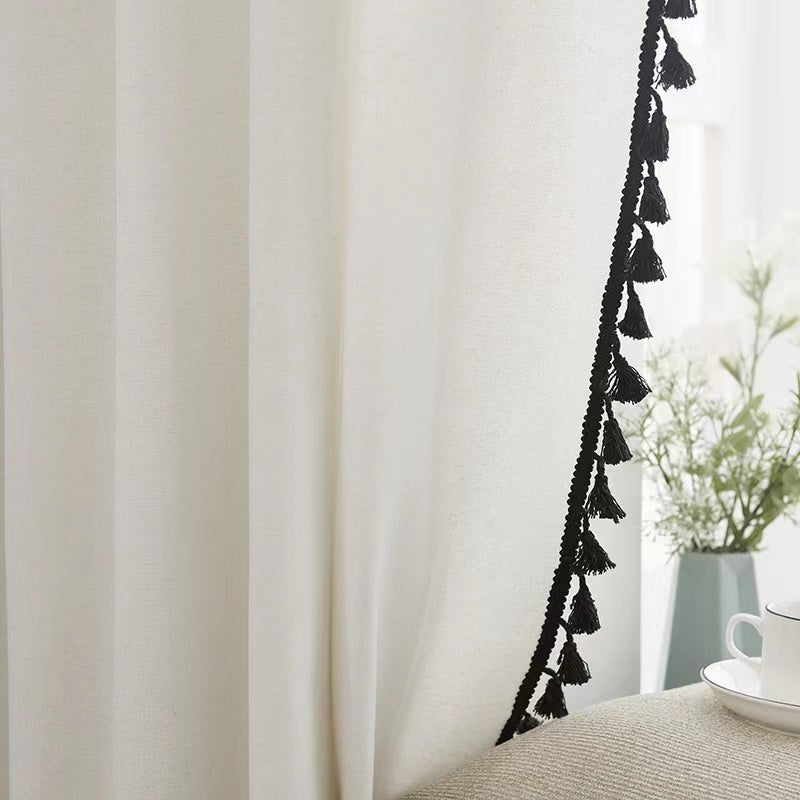 Panels Boho Windows Sheer Curtains Crochet Vintage Cotton Tassel Window Curtains Panels for Bedroom Living Room (Black Tassel)