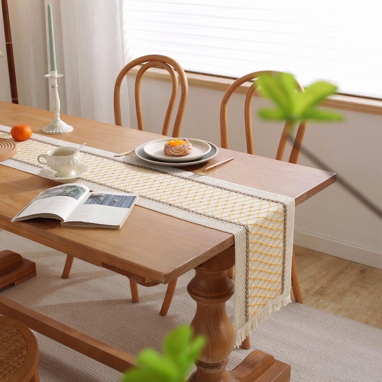 Hemp rope woven belt tassel drainage shrinkproof soft wrinkle resistant kitchen decorative cloth tablecloth（Yellow  grid）