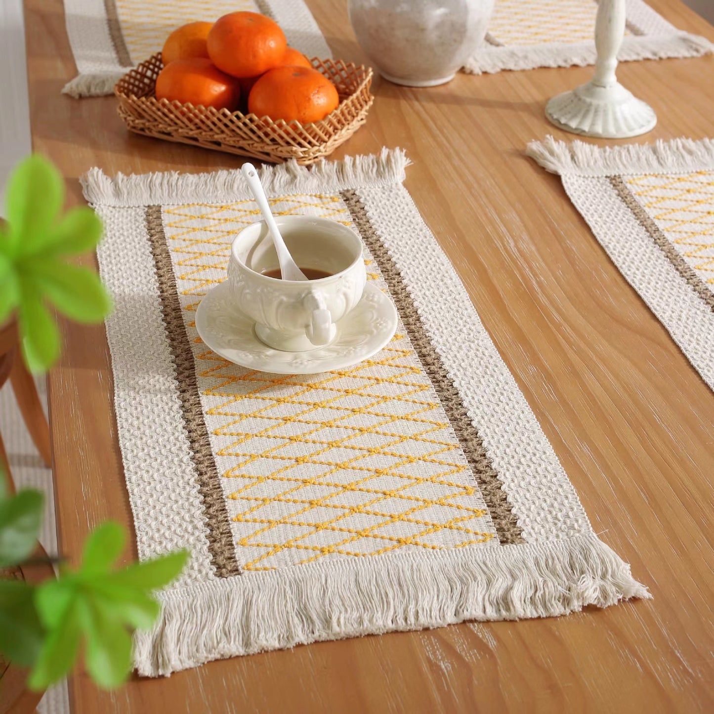 Hemp rope woven belt tassel drainage shrinkproof soft wrinkle resistant kitchen decorative cloth tablecloth（Yellow  grid）