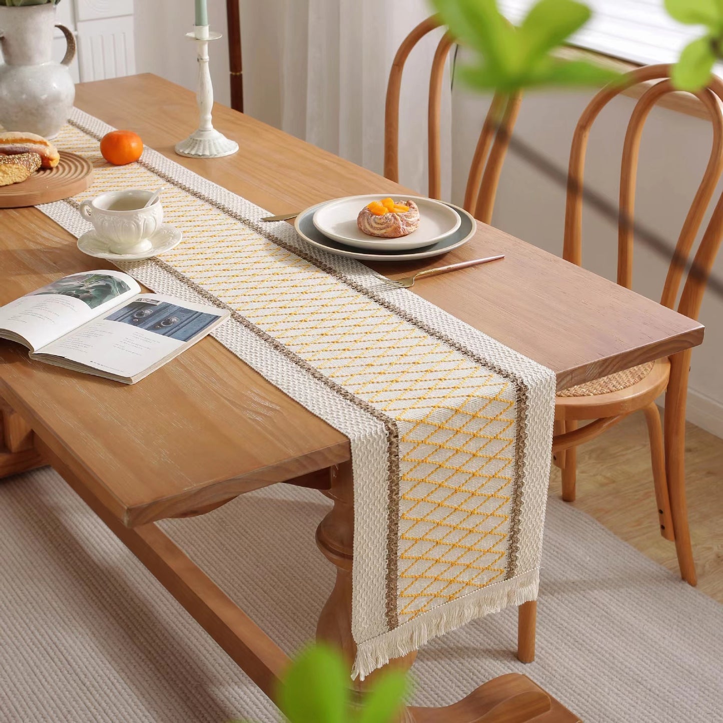 Hemp rope woven belt tassel drainage shrinkproof soft wrinkle resistant kitchen decorative cloth tablecloth（Yellow  grid）