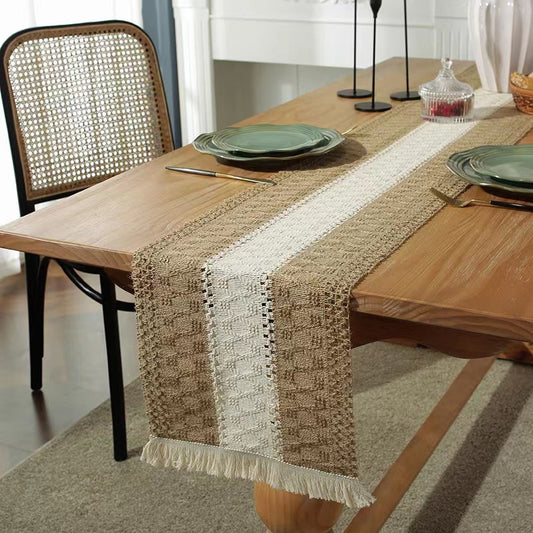Hemp rope woven belt tassel drainage shrinkproof soft wrinkle resistant kitchen decorative cloth tablecloth(Middle white)