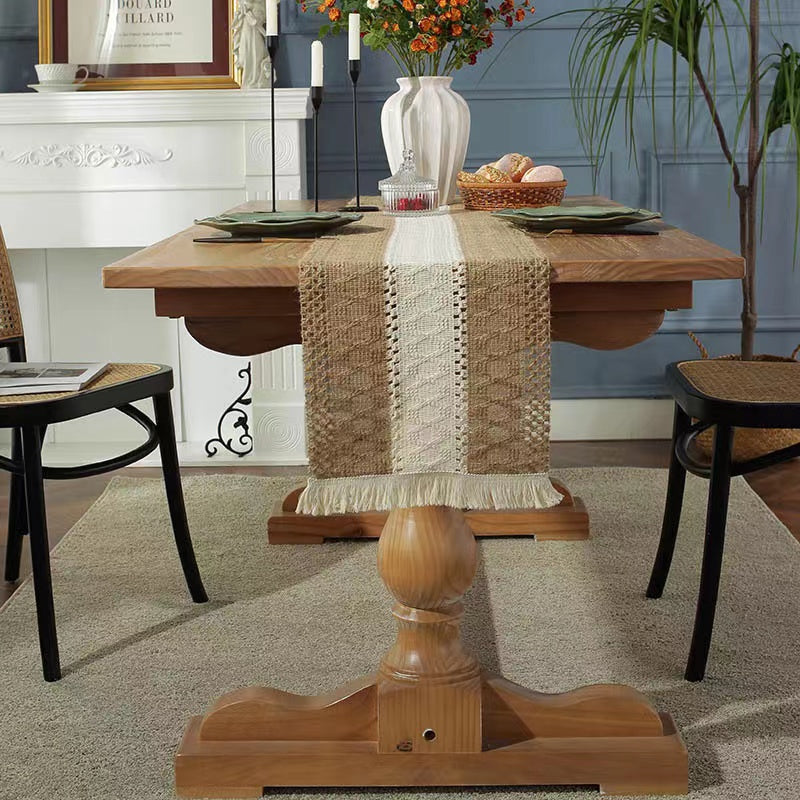 Hemp rope woven belt tassel drainage shrinkproof soft wrinkle resistant kitchen decorative cloth tablecloth（Middle white）