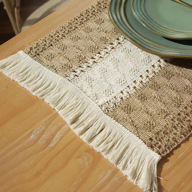Hemp rope woven belt tassel drainage shrinkproof soft wrinkle resistant kitchen decorative cloth tablecloth（Middle white）