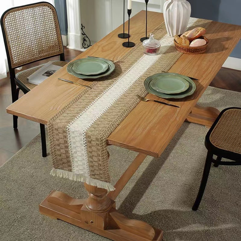 Hemp rope woven belt tassel drainage shrinkproof soft wrinkle resistant kitchen decorative cloth tablecloth（Middle white）