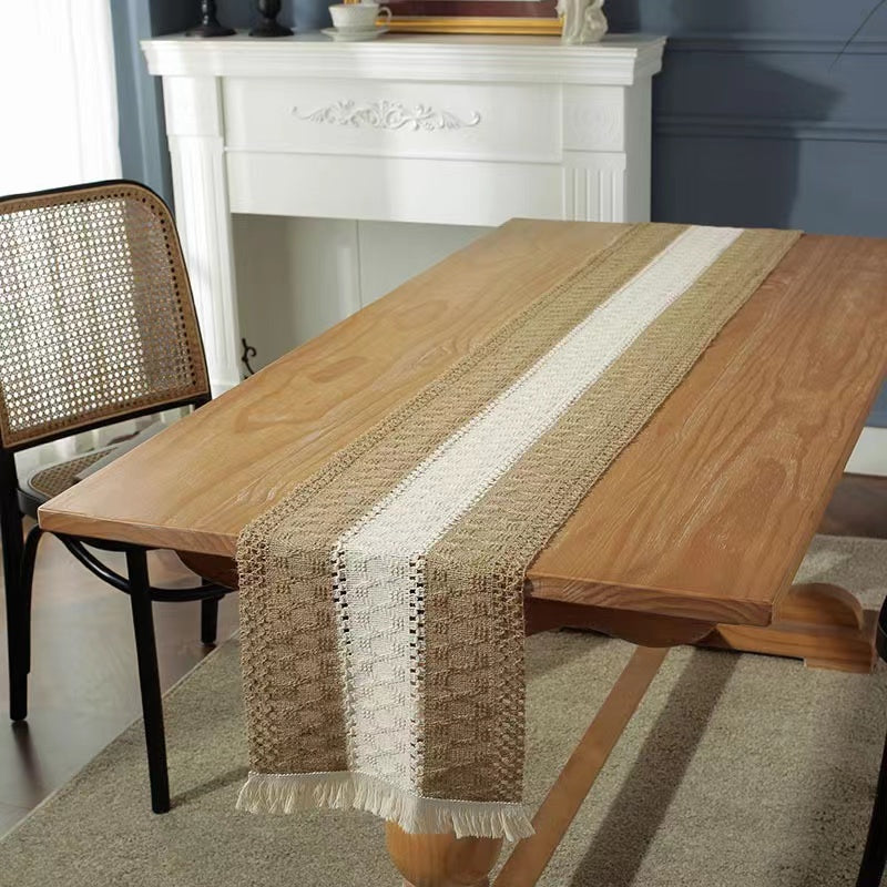 Hemp rope woven belt tassel drainage shrinkproof soft wrinkle resistant kitchen decorative cloth tablecloth（Middle white）