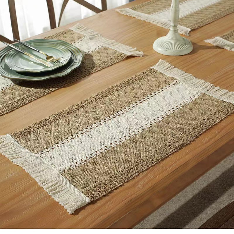 Hemp rope woven belt tassel drainage shrinkproof soft wrinkle resistant kitchen decorative cloth tablecloth（Middle white）
