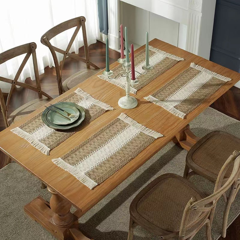 Hemp rope woven belt tassel drainage shrinkproof soft wrinkle resistant kitchen decorative cloth tablecloth（Middle white）