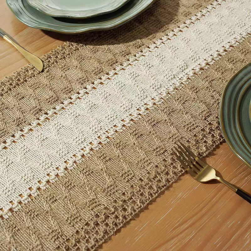 Hemp rope woven belt tassel drainage shrinkproof soft wrinkle resistant kitchen decorative cloth tablecloth（Middle white）
