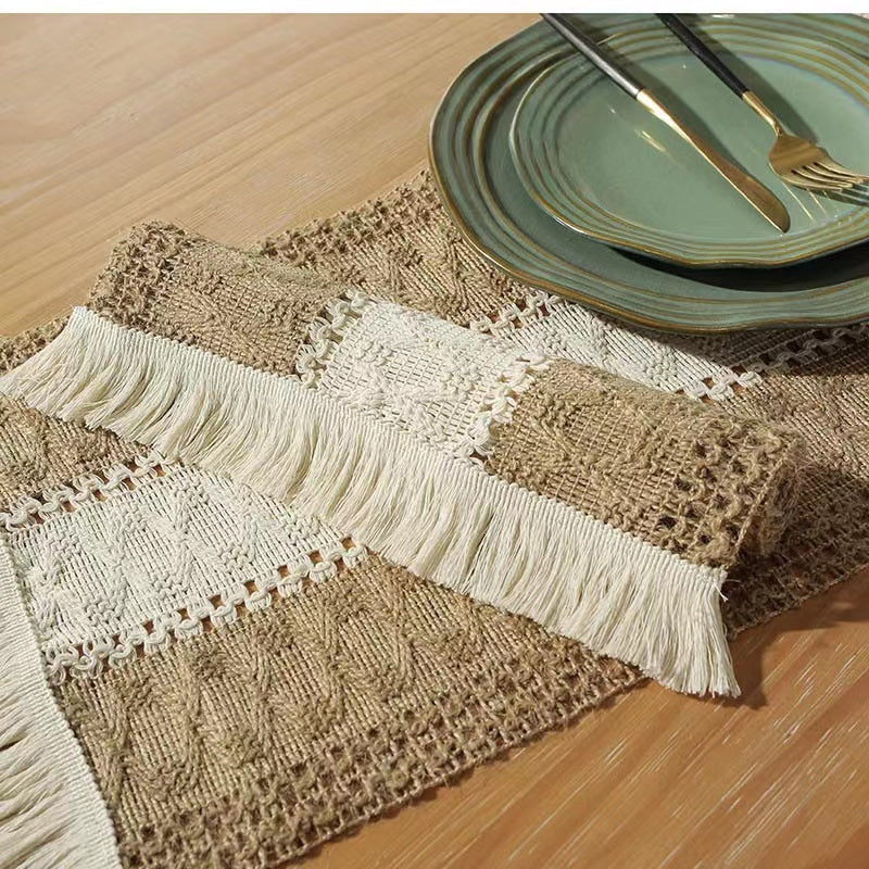 Hemp rope woven belt tassel drainage shrinkproof soft wrinkle resistant kitchen decorative cloth tablecloth（Middle white）