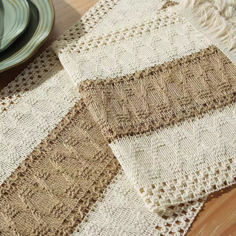 Hemp rope woven belt tassel drainage shrinkproof soft wrinkle resistant kitchen decorative cloth tablecloth（Middle coffee）