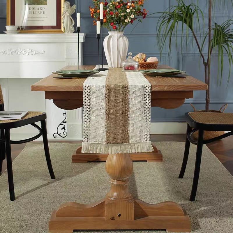 Hemp rope woven belt tassel drainage shrinkproof soft wrinkle resistant kitchen decorative cloth tablecloth（Middle coffee）
