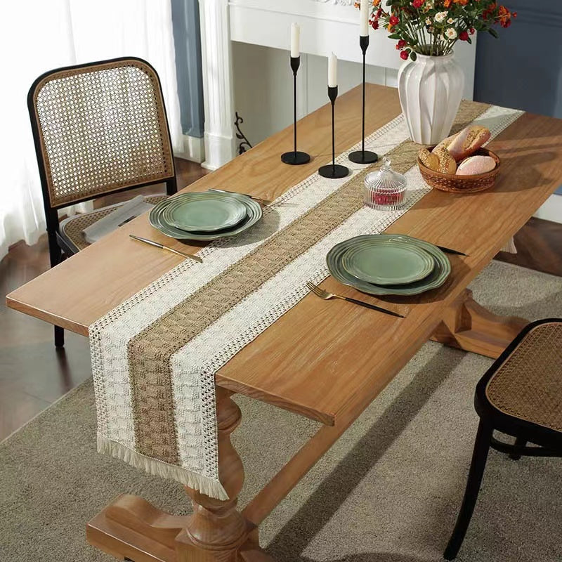 Hemp rope woven belt tassel drainage shrinkproof soft wrinkle resistant kitchen decorative cloth tablecloth（Middle coffee）