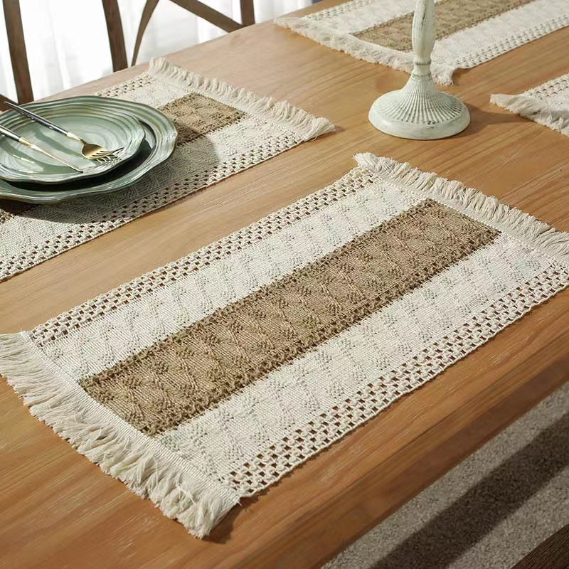 Hemp rope woven belt tassel drainage shrinkproof soft wrinkle resistant kitchen decorative cloth tablecloth（Middle coffee）