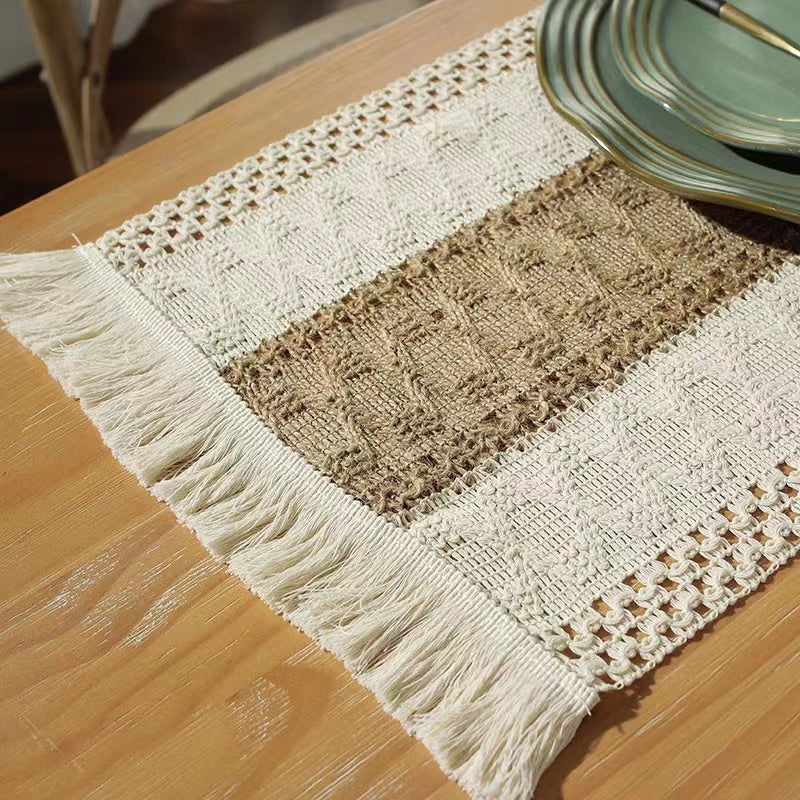 Hemp rope woven belt tassel drainage shrinkproof soft wrinkle resistant kitchen decorative cloth tablecloth（Middle coffee）