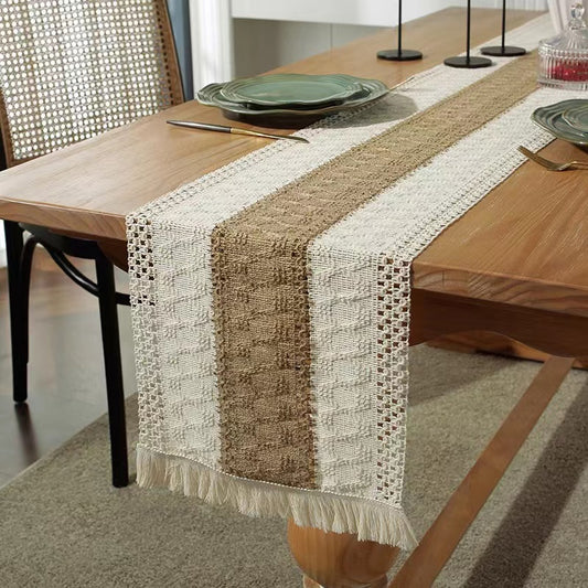 Hemp rope woven belt tassel drainage shrinkproof soft wrinkle resistant kitchen decorative cloth tablecloth(Middle coffee)