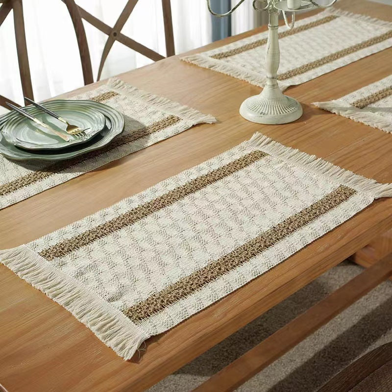 Hemp rope woven belt tassel drainage shrinkproof soft wrinkle resistant kitchen decorative cloth tablecloth（Double  coffee）