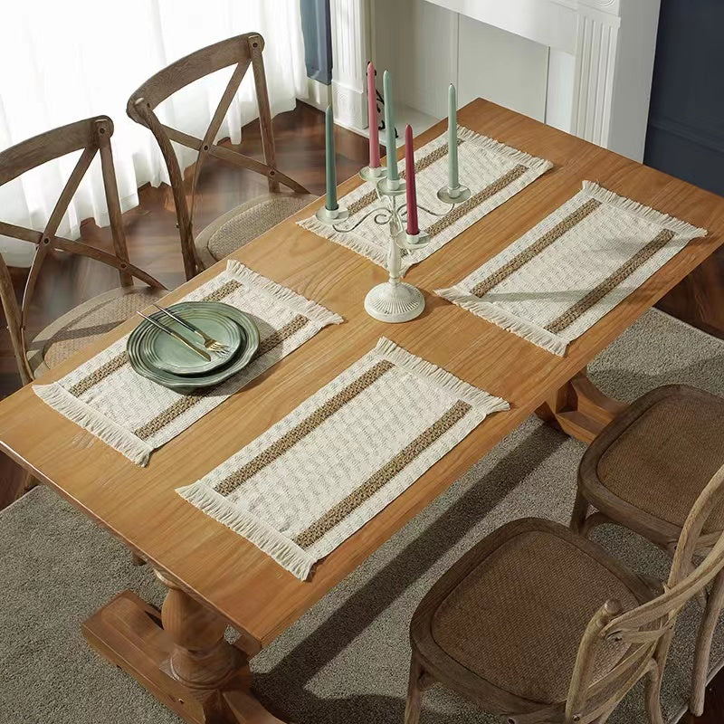 Hemp rope woven belt tassel drainage shrinkproof soft wrinkle resistant kitchen decorative cloth tablecloth（Double  coffee）