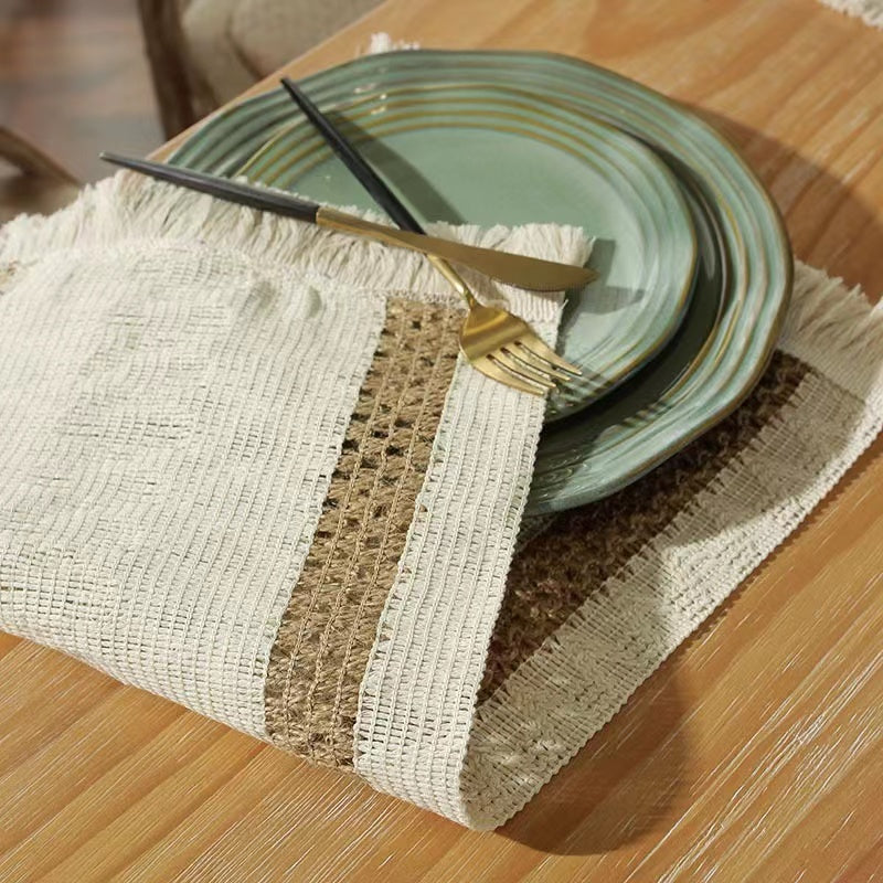 Hemp rope woven belt tassel drainage shrinkproof soft wrinkle resistant kitchen decorative cloth tablecloth（Double  coffee）
