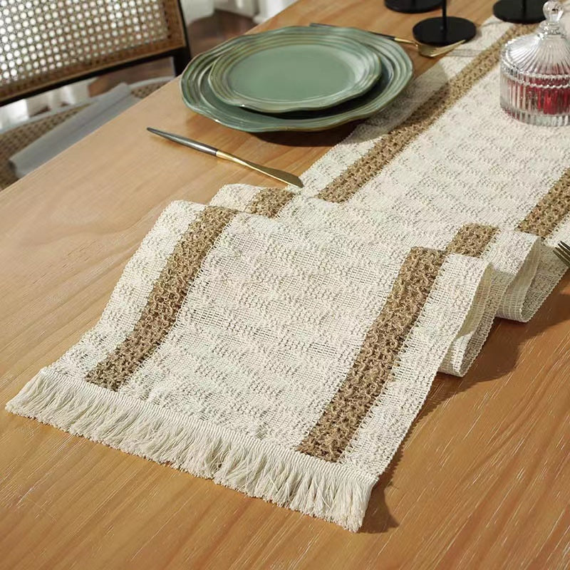 Hemp rope woven belt tassel drainage shrinkproof soft wrinkle resistant kitchen decorative cloth tablecloth（Double  coffee）