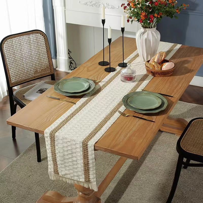 Hemp rope woven belt tassel drainage shrinkproof soft wrinkle resistant kitchen decorative cloth tablecloth（Double  coffee）